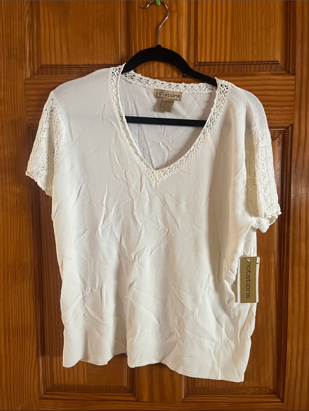 Notations Cream V-Neck Short Sleeve Top with Crochet Trim